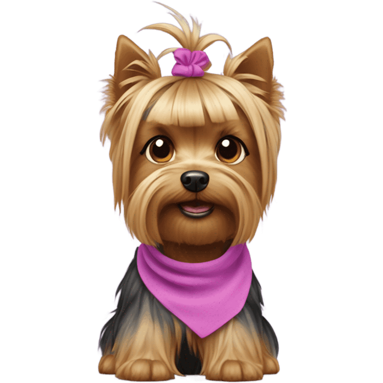 the face of a  Yorkshire Terrier  with a baby face with a ponytail on its head with a purple elastic band and pink short  emoji