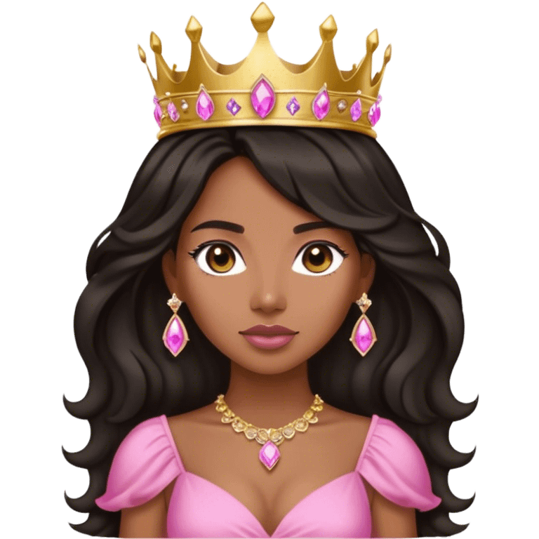 Crown TONE 4 black women with long lightly WAVY hair pink dress pink crown facing forward black hair middle age adult woman gold gems in crown gold earrings  one woman emoji