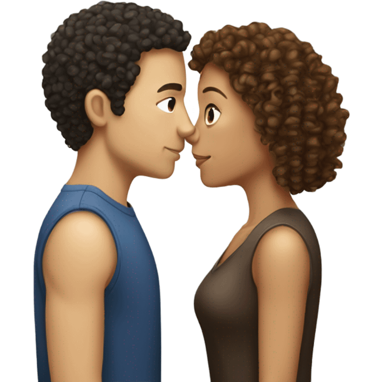 Light skinned woman with curly hair and white man with  straight dark brown hair kissing  emoji