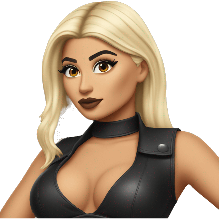 Emoji of Kylie Jenner with blonde hair in a black lether outfit with bra inside confidently pointing forward with a stylish, influencer vibe emoji