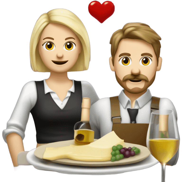 Repas raclette et deux verres de vin blanc en couple, femme blonde cheveux aux-dessus des épaules homme petite barbe et moustache grisonnantes et cheveux bruns grisonnant  emoji