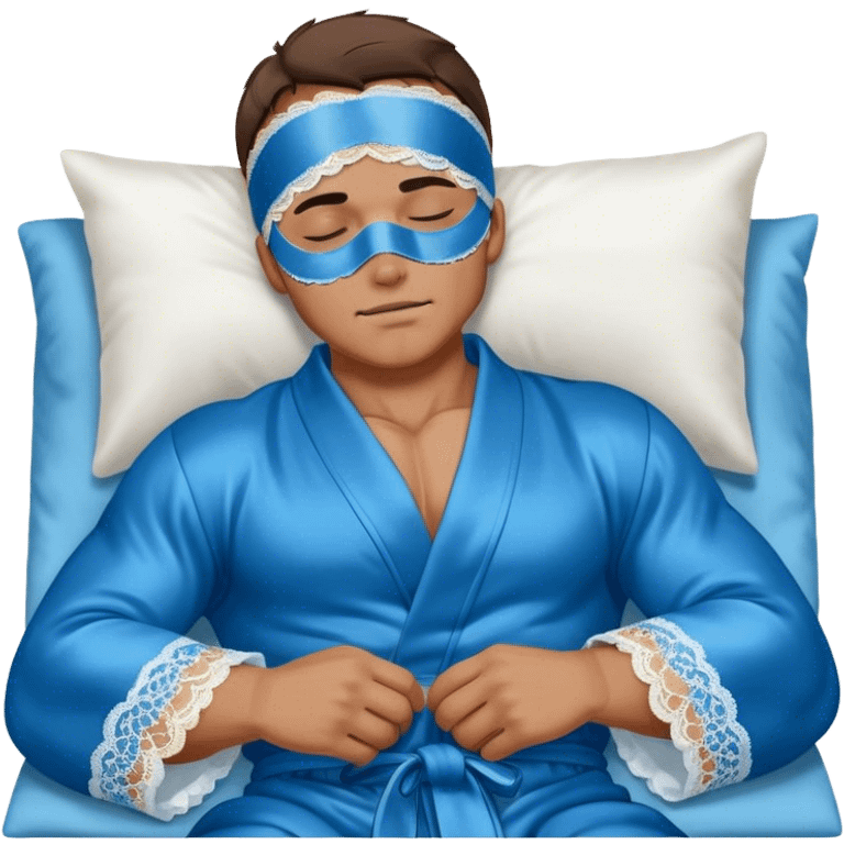 muscular man body silk lace blue robe model wearing sleep mask emoji