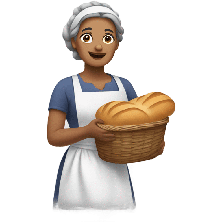 "A middle-aged woman with tired eyes, graying hair tied back, and a warm but worried look. She wears a simple dress with an apron, holding a loaf of bread or basket in a modest kitchen." emoji