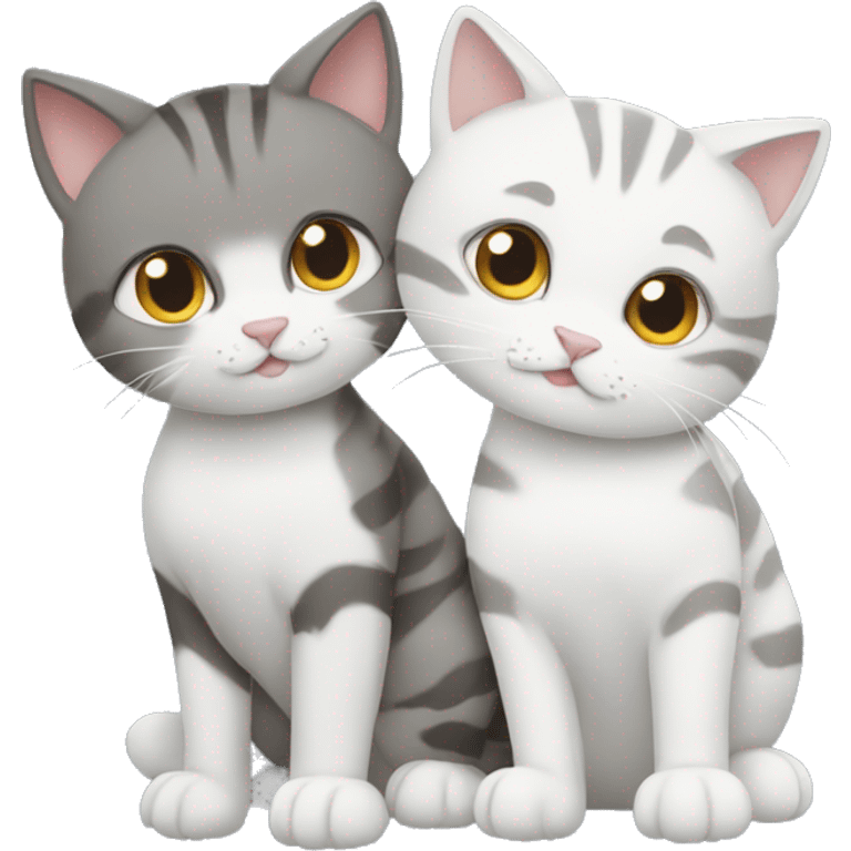 two cats, one grey and white, the other a tabby hugging emoji