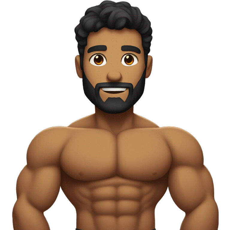 muscular bicep flexing, tight short black wavy hair, sandy brown skin, thin shadowy beard. emoji