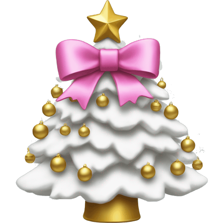 White Christmas tree with gold ornaments and a pink bow on top emoji