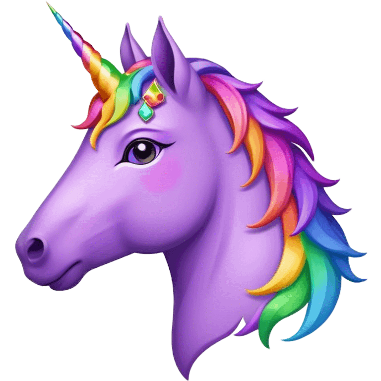 purple unicorn side profile, rainbow gemstone crown on forehead, mane made of multi-skin-tone handprints emoji