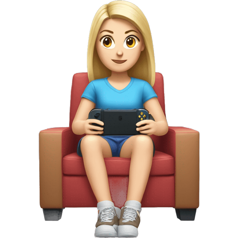 A white girl is sitting and playing a Nintendo Switch emoji