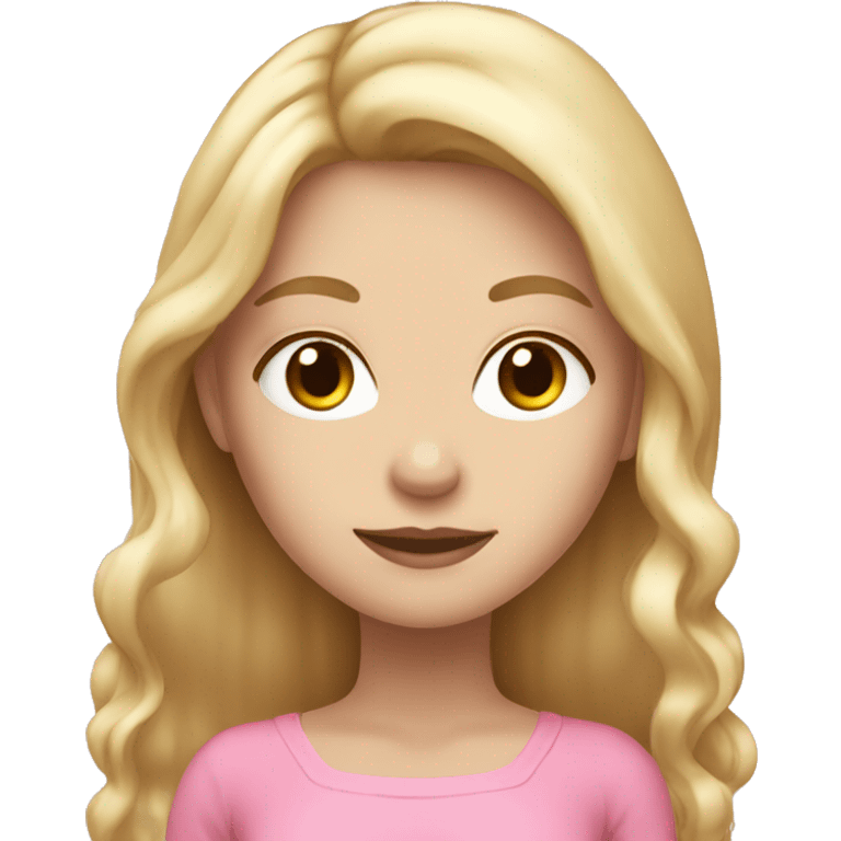 girl with blonde long hair, pale skin, brown eyes and wearing pink  emoji