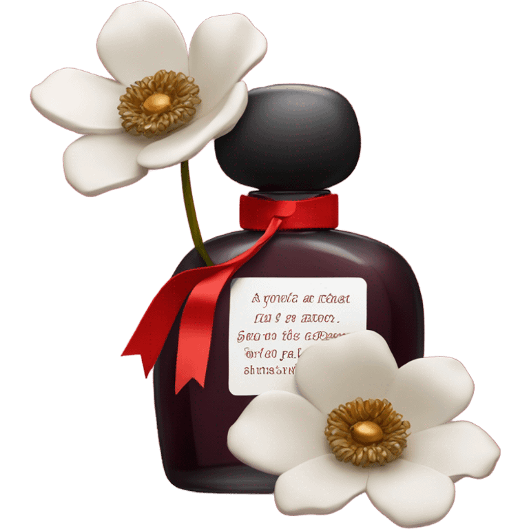 Dark red romantic perfume bottle with red anemones and a silk red ribbon emoji