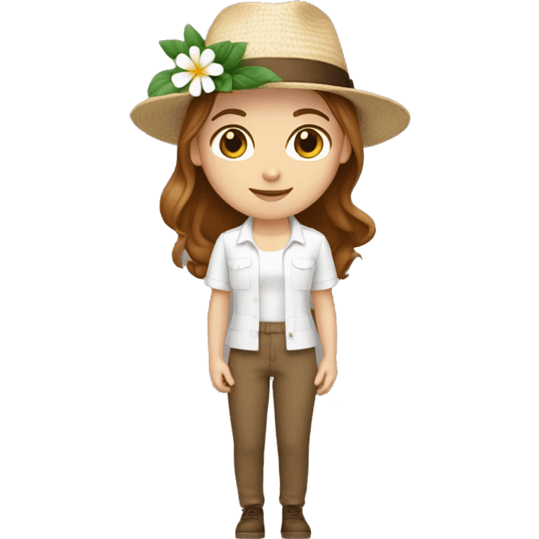 white girl with a flower in her hand, with a hat, shoulder-length brown straight hair, wearing jumpsuit with white shirt in it emoji