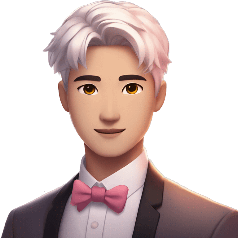 Gorgeous romantic anime style Asian formal modern gentlemanly guy with flowers and blushing face aesthetic trending style outside with colorful gradient bright light colors emoji