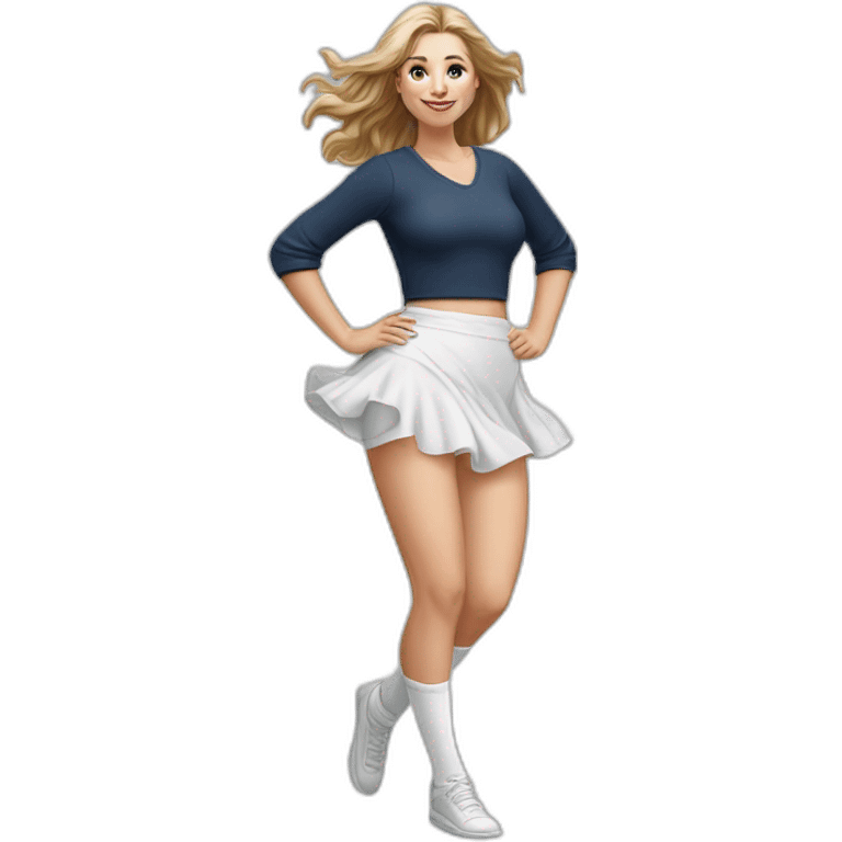 Hyperrealistic Full body Caucasian curvy beauty jumping short white skirt back and front views strong wind knickers long white socks emoji