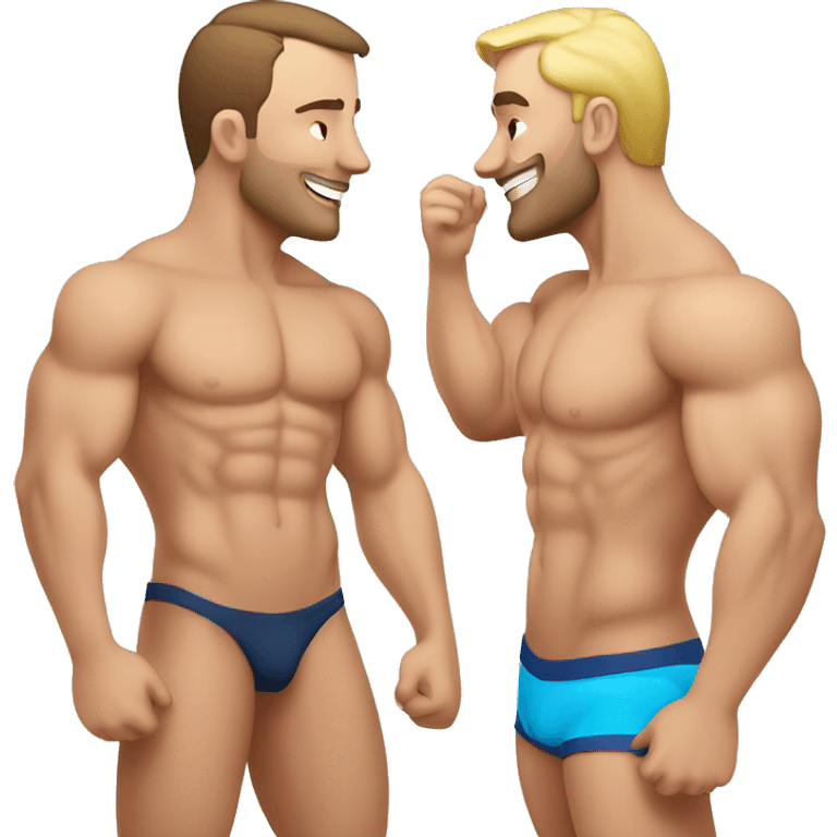 Caucasian Muscular gay men kissing wearing bikini emoji