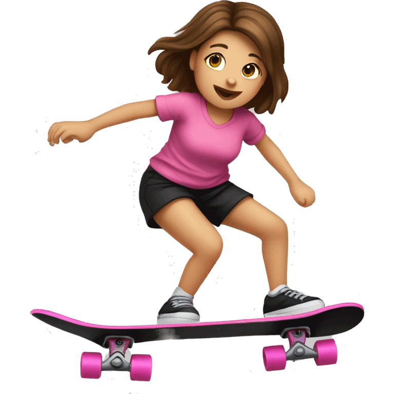 little girl with brown hair, pink shirt and black shorts skateboarding in miniramp emoji