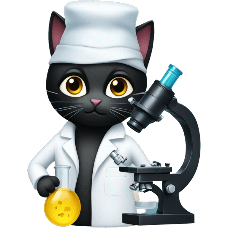 Black cat in lab coat using microscope emoji