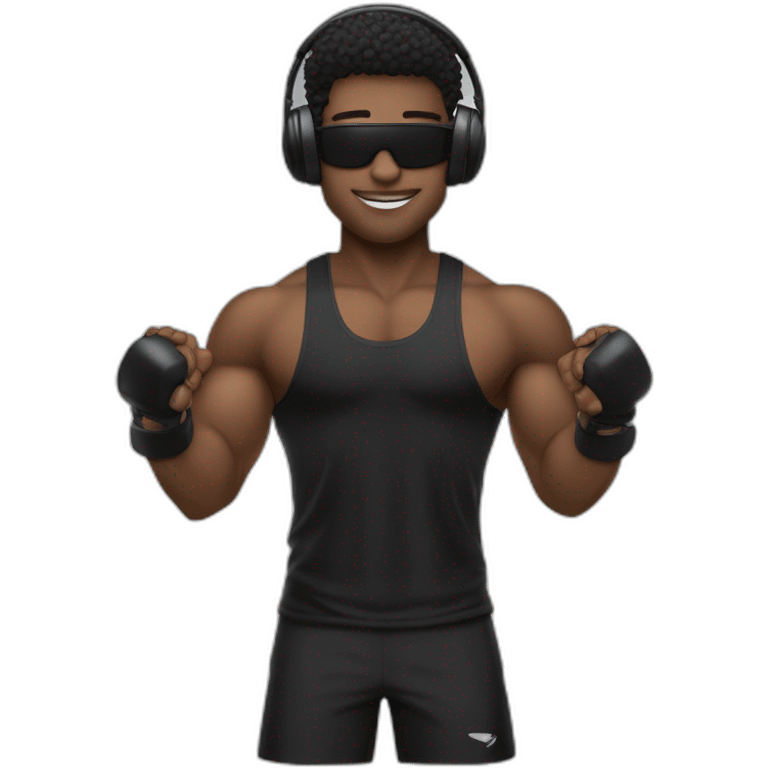 CHICO DE PELO NEGRO OJOS NEGROS Y CAMISETA NEGRA EN FORMA CON UNOS CASCOS DE MUSICA BLANCOS Y UNA PESA DEL GYM EN LA MANO emoji