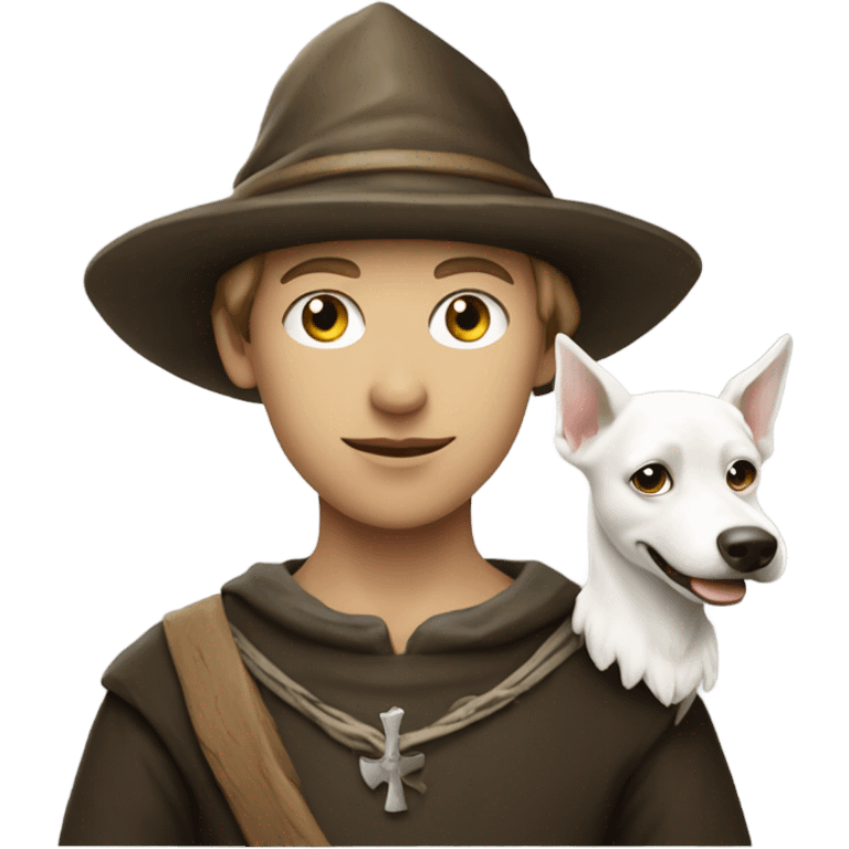 young medieval pilgrim with hat and white little dog emoji