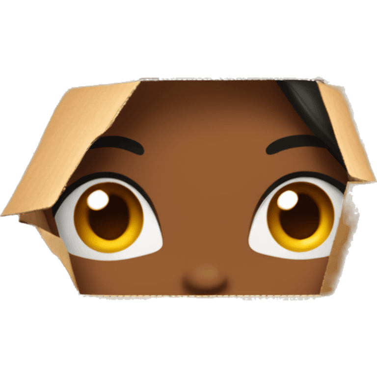 A beautiful brown skin woman with peeks cheerfully from an opening in a large cardboard box, her expression sad and the cartoon appear in the emojis  emoji