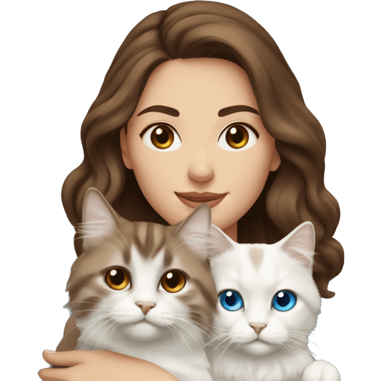 woman with brown hair and holding a all white Siberian cat with blue eyes emoji