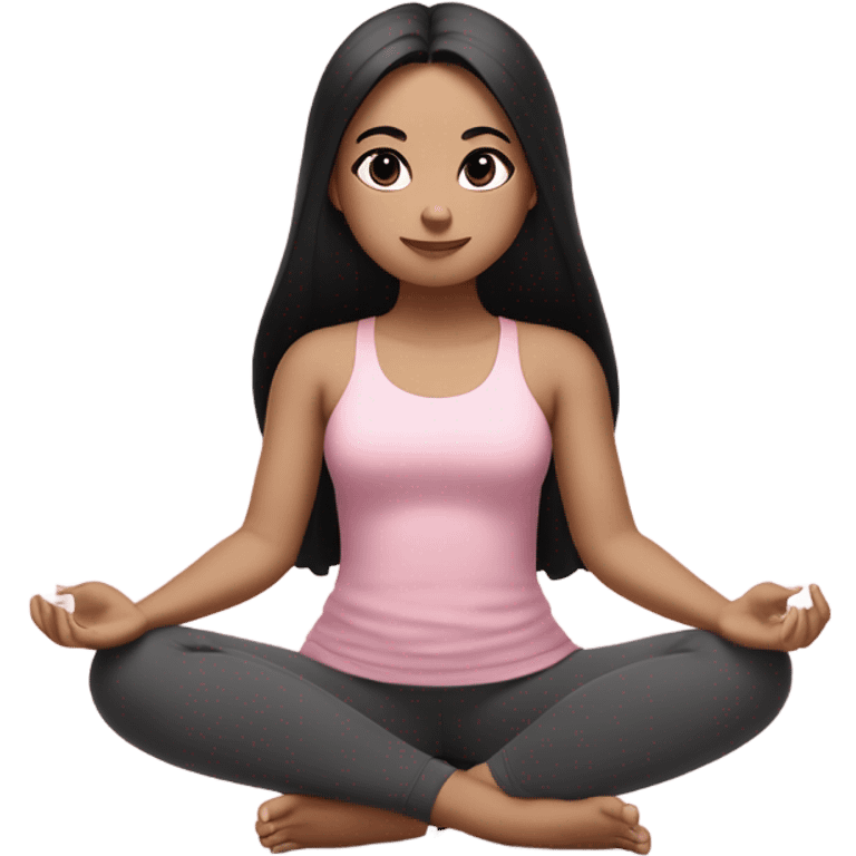 a girl with black long hair and short pink skirt, white skin land brown eyes, meditates in a relaxed lotus position in a comfortable monochrome pink top and monochrome pink leggings emoji