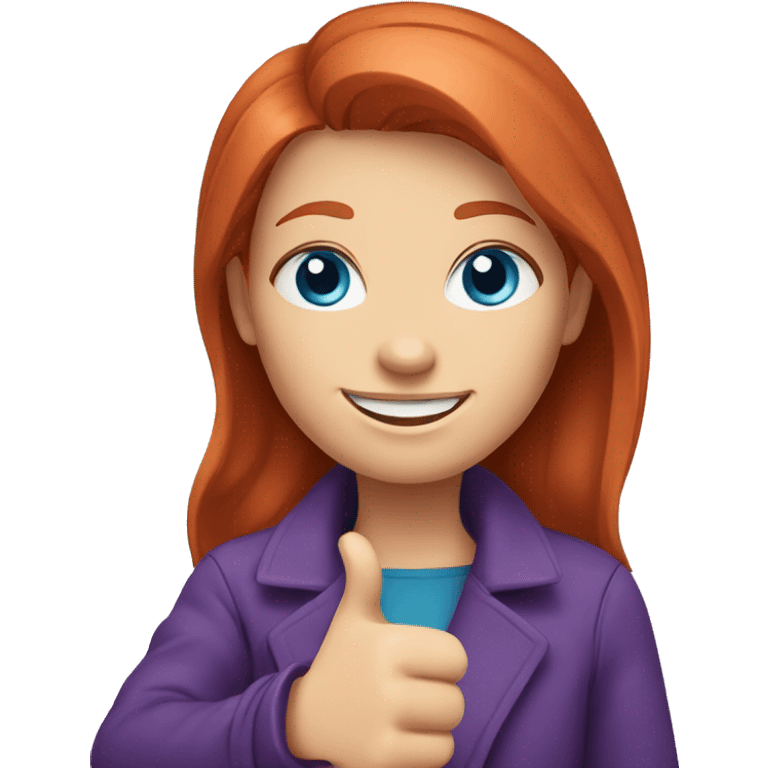 create an avatar of a smiling redhead girl, blue eyes, with a purple coat, giving a thumbs up emoji