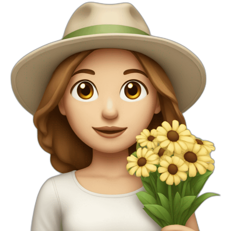 white skin, Girl with a hat, brown hair straight to the shoulders, holding a bouquet of flowers emoji