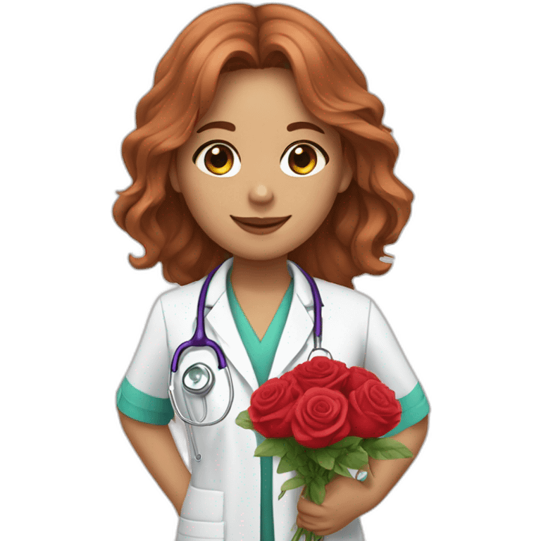 White doctor girl, chestnut hair, with a bouquet of roses emoji