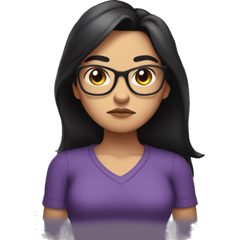 Angry scowling girl, purple shirt, long black hair, brown eyes, wearing glasses, with arms crossed over chest. emoji