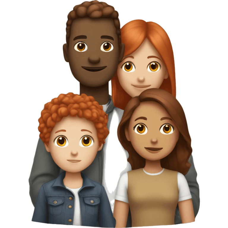 family where one person is white with red hair, one is a brown girl, one is a white girl with brown hair, and one is a monst emoji