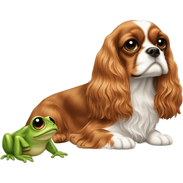 Cavalier dog next to a frog emoji