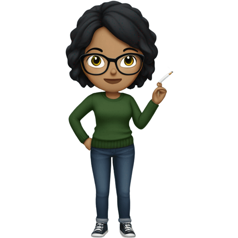 A girl smoking a cigarette with black hair, glasses, hazel eyes and a navy green sweater on with jeans emoji