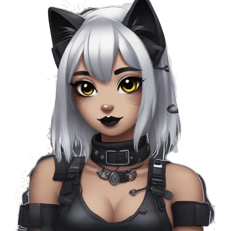 Gorgeous gothic dark techwear cyberpunk anime style sona anthro cat with blushing face aesthetic and pretty edgy black with collar and harness trending style emoji