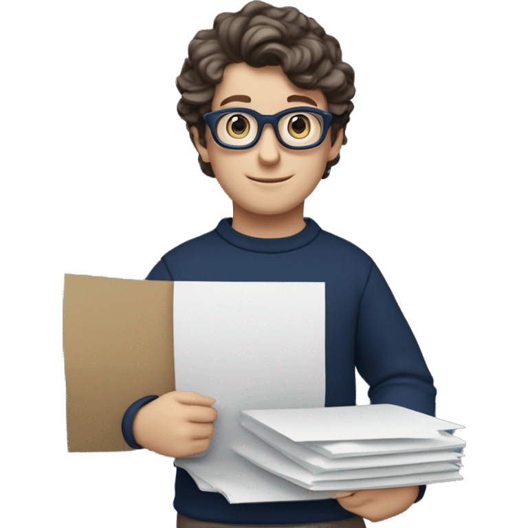 caucasian white boy with dark wavy  hair, blue glasses, and carrying design paper plan because he is an architect carrying a pencil and a set model maquette. wearing a navy blue long sleeve sweater shirt. smart.  emoji