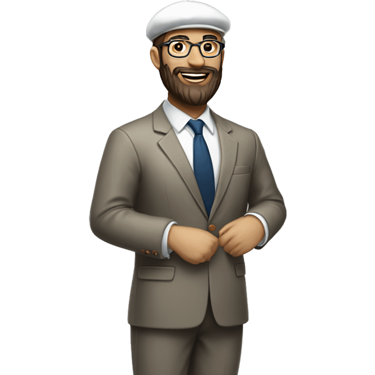 man, long brown beard, white skin, suit, standing and smile (full-body "slim"), beret hat, glasses emoji