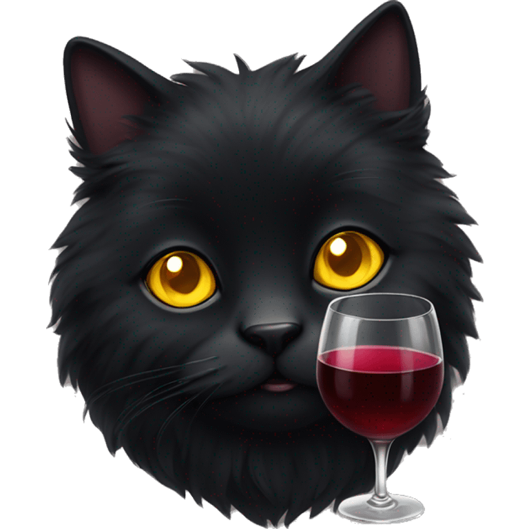 Black fluffy cat with yellow eyes and with glass of wine  emoji