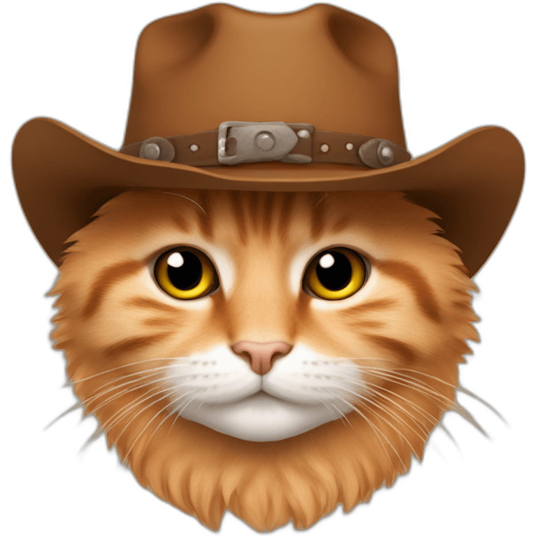 pure orange small chubby hairy bobtail cat while wearing a brown cowboy hat emoji