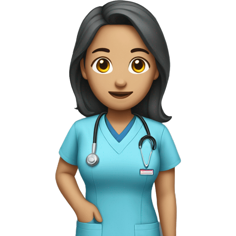 Female nurse with blue scrubs, Filipino of descent, half body shot  emoji