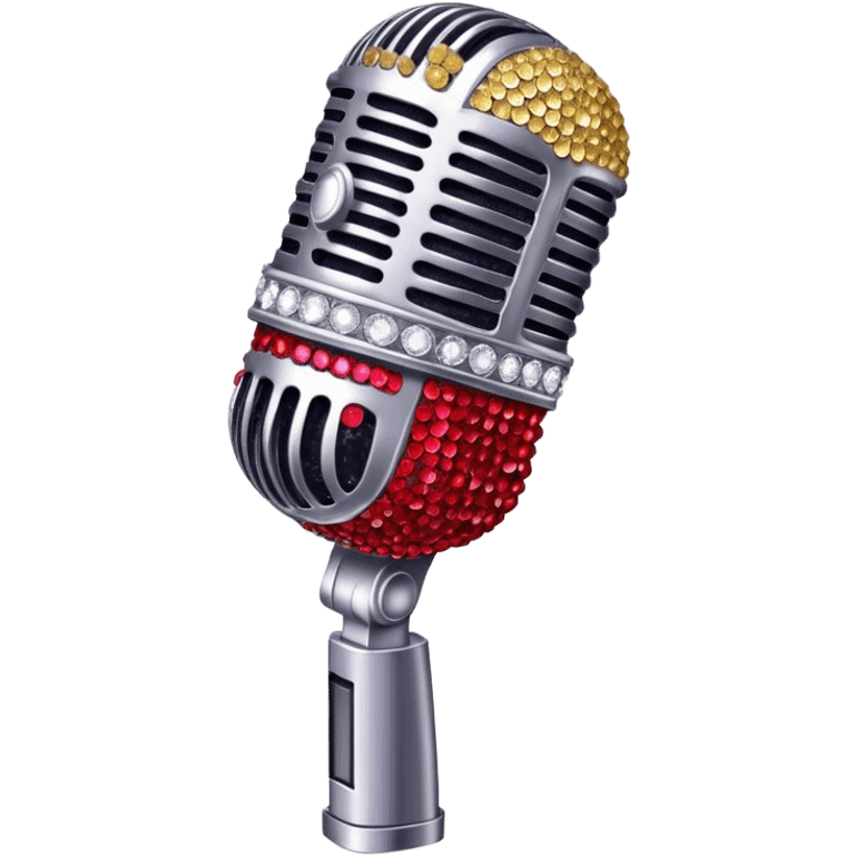 Create a glamorous and vibrant emoji representing stage vocal performance. The design should feature a humanless collage of classic vintage microphone, stage costume covered in rhinestones, sparkling brightly. The costume should be stylized, with glittering elements like sequins and sparkles, and reflect the glitzy, extravagant nature of show business. The microphone should have a sleek, retro look with chrome or metallic accents. Use rich, dazzling colors like gold, silver, deep purple, and bright red to evoke the glamorous, larger-than-life feel of a stage performance. The background should be transparent. emoji