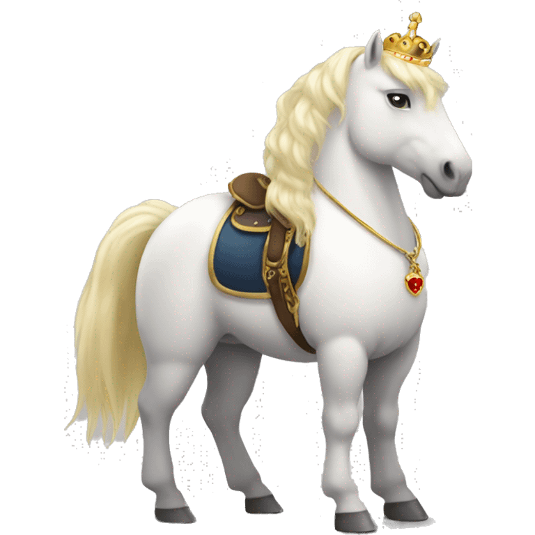 Fatty white pony with blonde hair. It needs to be a standing position, with a gold crown and lots of jewelry. It needs to have a red and gold saddle. Please add lots jewelry detail emoji