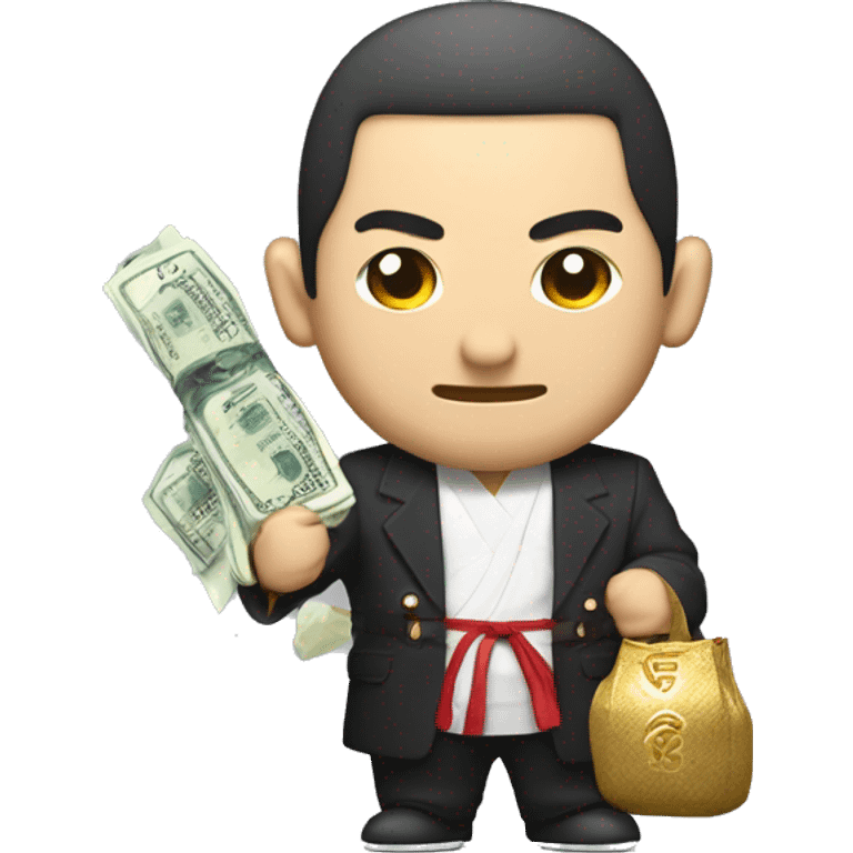 Japanese Yakuza with Samurai Sword but also holding in his hands a bag of fat stacks of money emoji