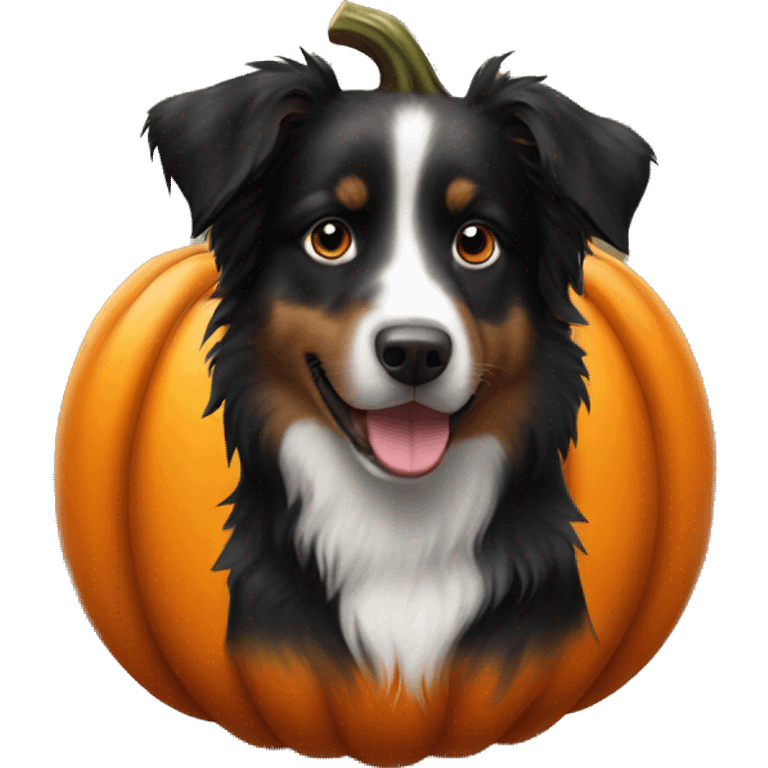 Small black australian shepherd dog in a pumpkin emoji