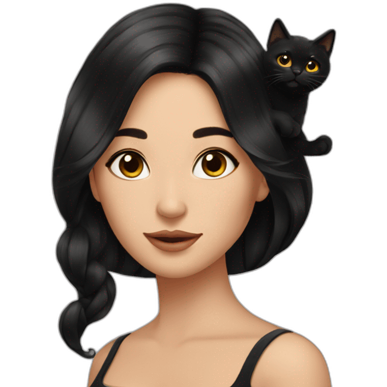 Beautiful woman with long black hair and with black cats on her shoulder  emoji