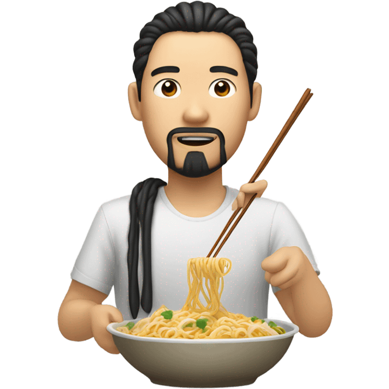 asian with slightly open eyes and eat noodles also has two beard braids emoji