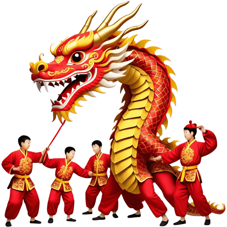 Cinematic Realistic scene of a traditional Chinese Dragon Dance featuring a team of performers skillfully manipulating a colossal, flexible dragon puppet, its intricately detailed, vibrant scales and flowing, embroidered fabric catching the light, set against a festive backdrop of red lanterns and dynamic red-tinged lighting that accentuates the majestic presence of the dragon puppet. emoji