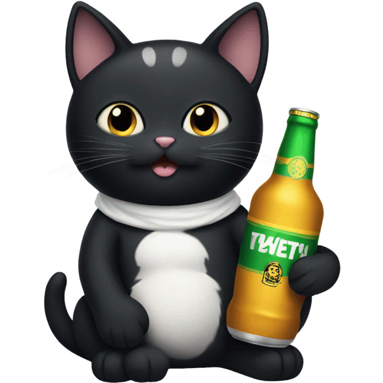 Black cat with white spots holding a beer emoji