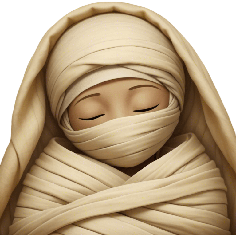 A snug, cozily wrapped mummy, fully encased in soft, slightly loose bandages, even its face gently hidden behind folds with only a tiny glimpse of sleepy eyes, nestled in warm, faded tones with gentle golden accents, simplified yet irresistibly charming, highly detailed with a soft glowing outline capturing the peaceful aura of an ancient being drifting into rest! emoji