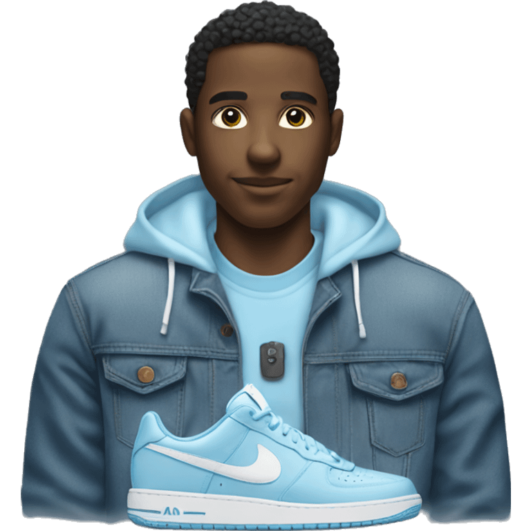 Make a black man whit a polo hoddie and light blue jean and Nike air emoji