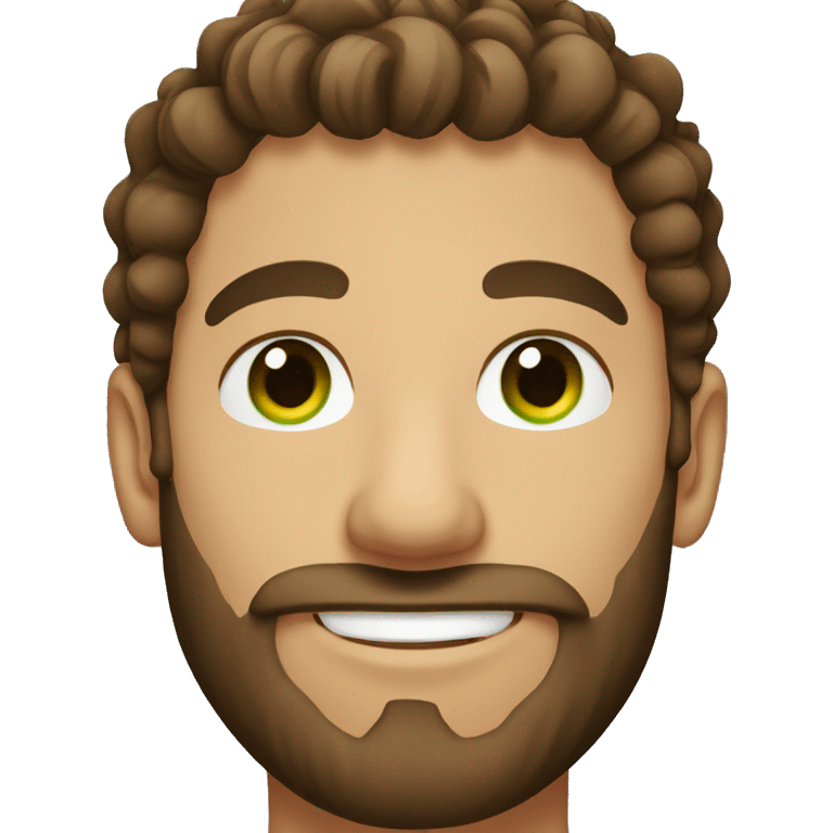 Man with brown curly hair in a bun and brown beard and green eyes emoji