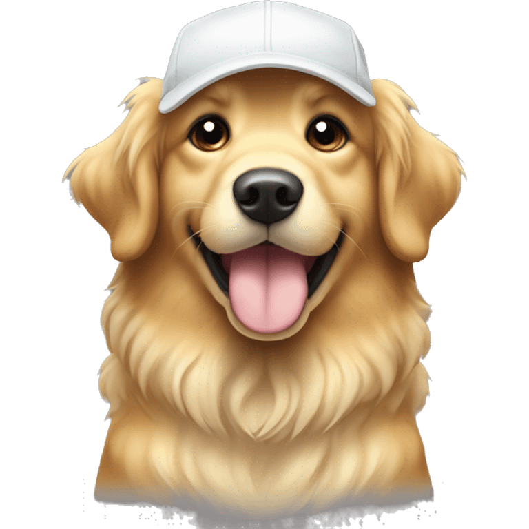 Create an image of a Golden Retriever with a fluffy coat that is slightly golden, almost cream. With round, dark eyes, a broad nose and slightly wavy hanging ears. She wears a white baseball cap towards the back. emoji